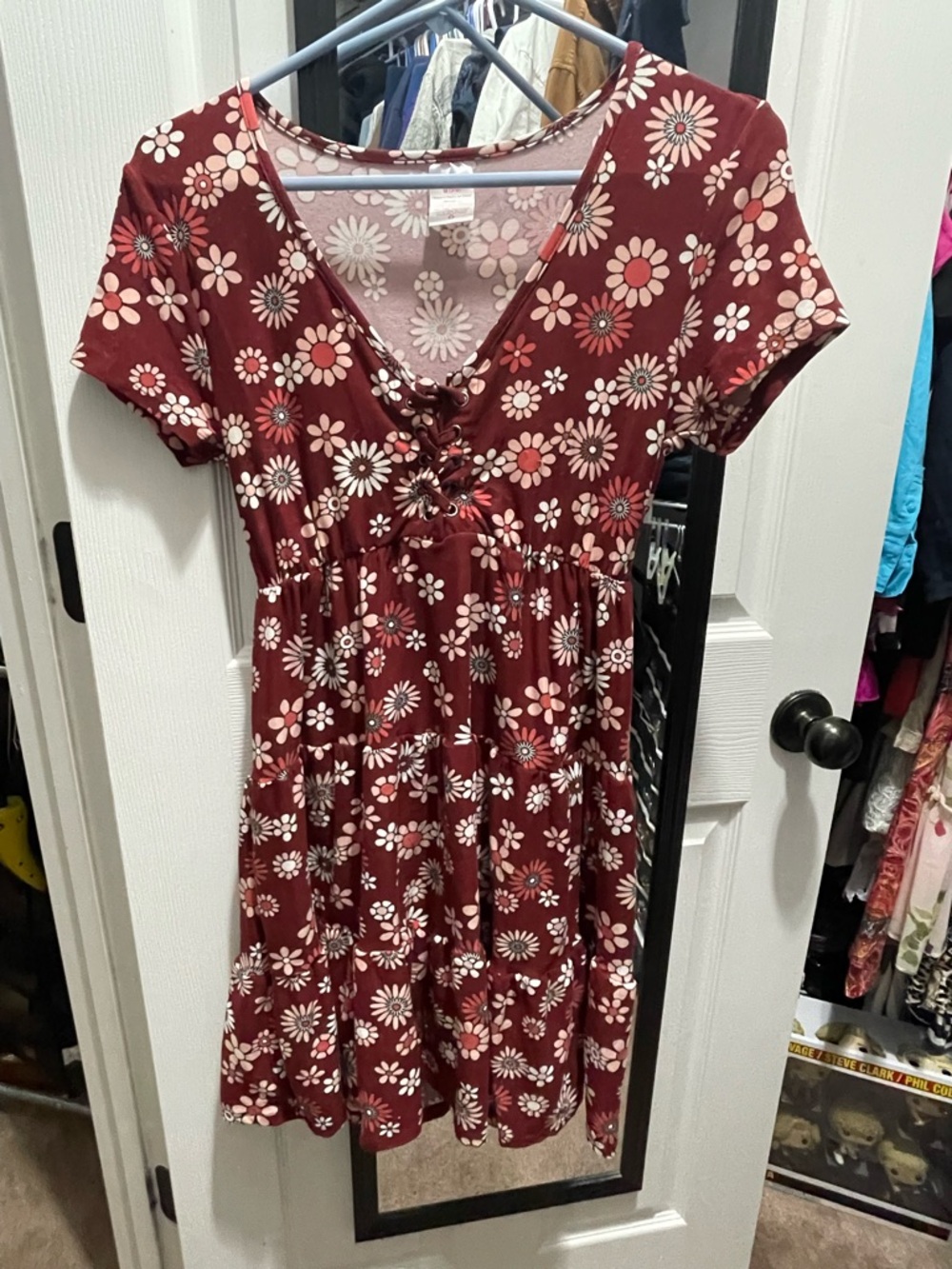 No Boundaries Floral Lace-Up V-Neck Mini Dress in Burgundy and Cream